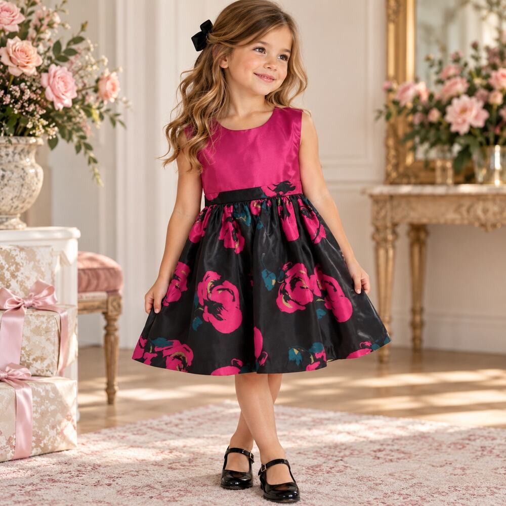 Gymboree Girls Dress Pink Black FLoral Bow SZ4T Holiday Party Formal